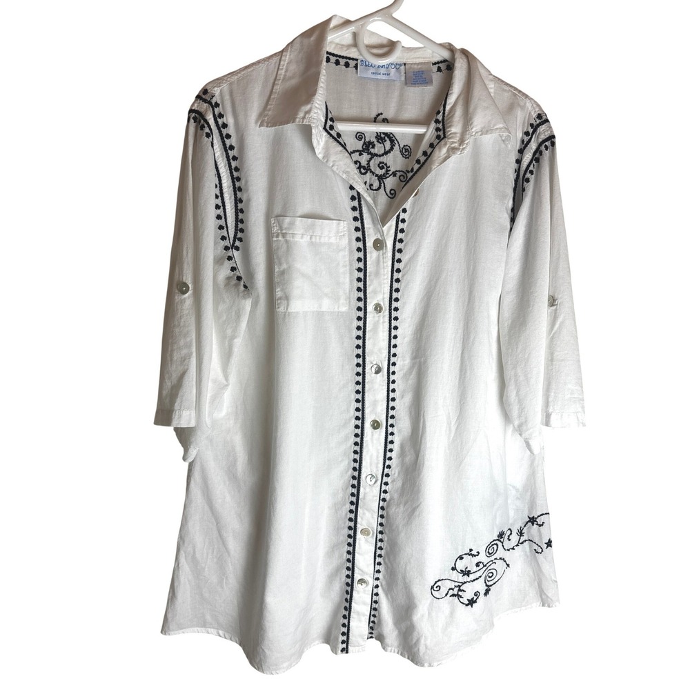 Bleu Bayou Womens XL White Cotton Embroidered Button Front Roll Tab Sleeve Top